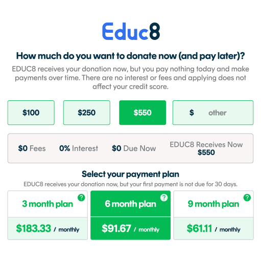 Choose your donation amount and Donate Now, Pay Later™ plan.