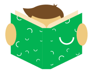 cartoon boy reading a green book, representing our cause for child literacy with nonprofit credit