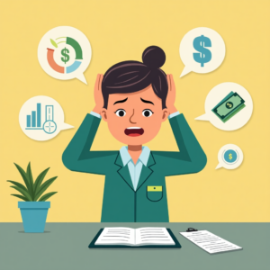 cartoon image of a woman scared by losing money representing B Generous' solution in securing the easiest way to get funding for nonprofits